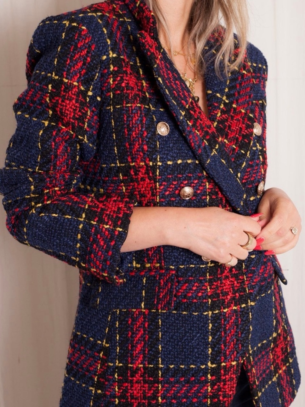 Halogen Navy, Red & Yellow Plaid Bouclé Blazer